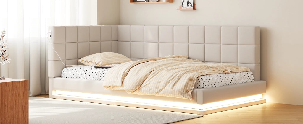 DESMIU Divano letto 90 × 200 cm 1 piazza con LED, USB e rete, senza materasso, in lino, beige