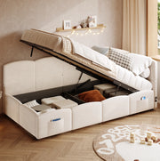 Letto imbottito 90x200 cm in velluto beige con vano idraulico, USB e tasche