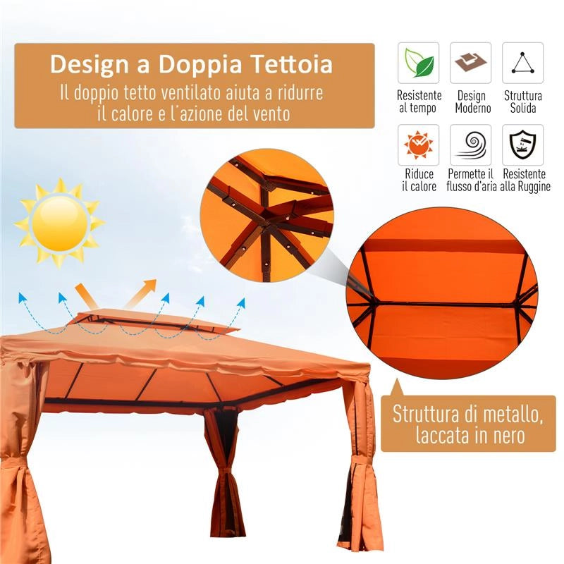 GAZEB LUSSUOSO DESIGN DOPPIA TETTOIA DA GIARDINO IDROREPELLENTE TESSUTO ANTIZANZARA 3X4 MT