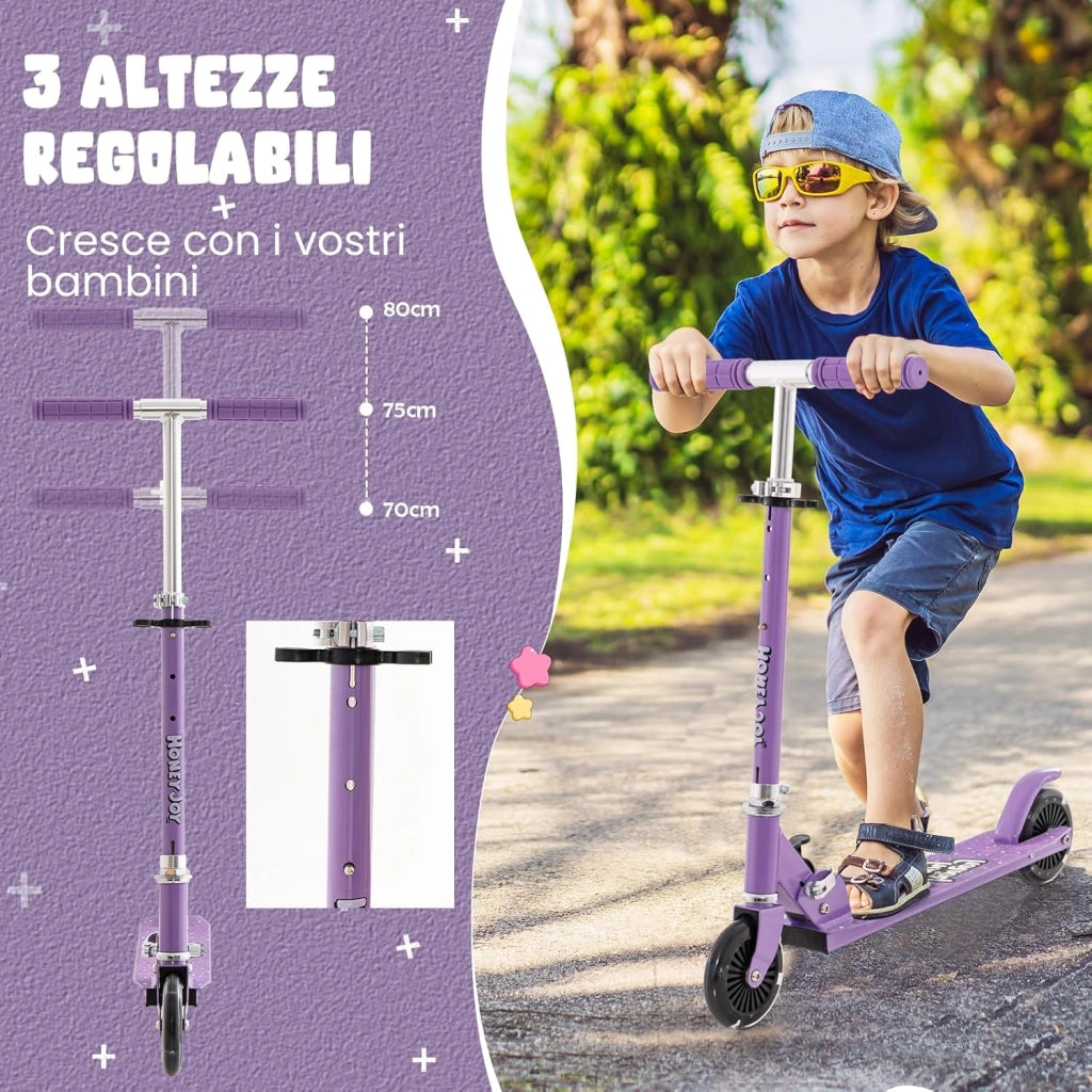 Monopattino Bambini, Monopattino Bambino e Bambina +3 Anni Pieghevole con 2 Ruote Lampeggianti, Manubrio Regolabile e Freno (Viola)