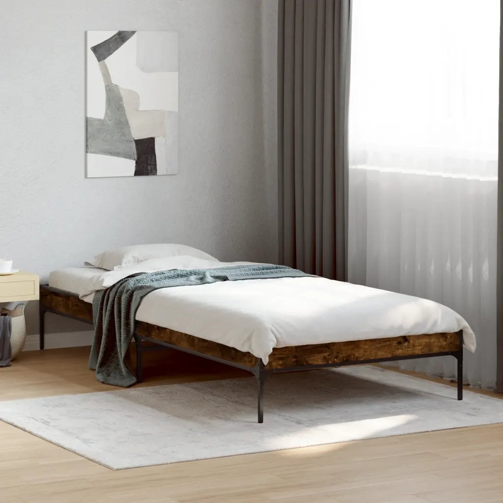 Letto singolo | Letto per adulti | Giroletto Rovere Fumo 90x200 cm in Legno Multistrato e Metallo