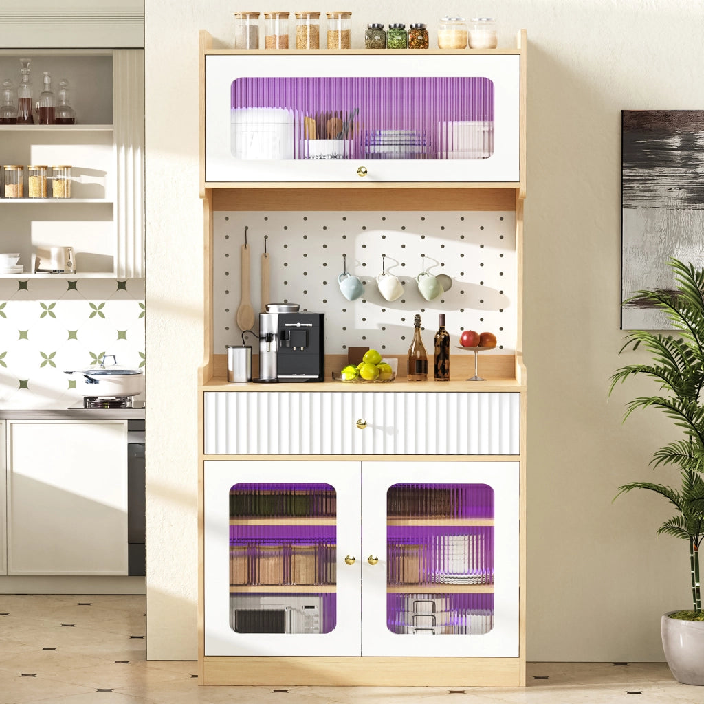 Mobile Alto con Ripiani, Cassetti e LED ¨C Xylo ¨C Legno Naturale con Vetro Scanalato