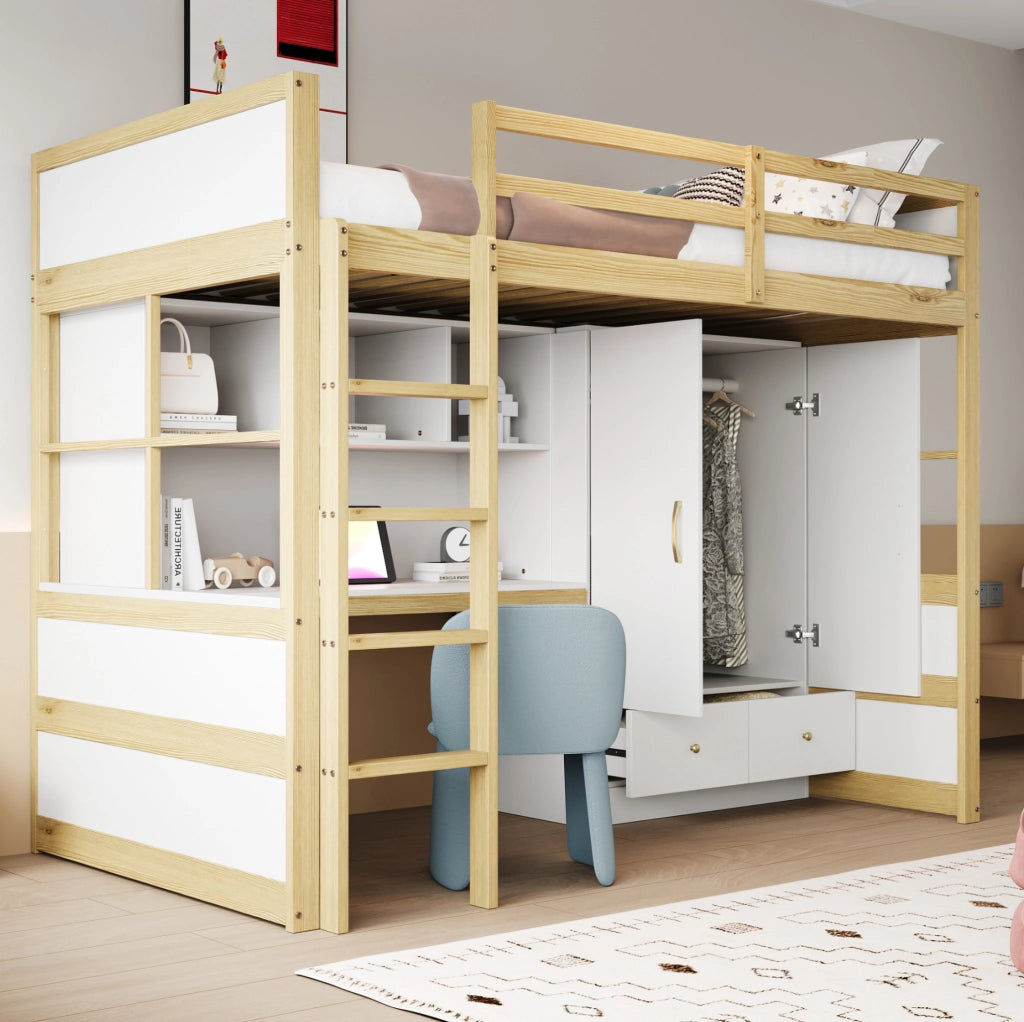Letto a soppalco 90x200 cm in legno con scrivania, armadio e cassetti