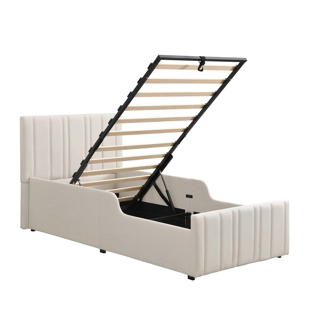 Letto Imbottito Singolo con Contenitore e Rete a Doghe ¨C Xylo ¨C 90x200 Beige