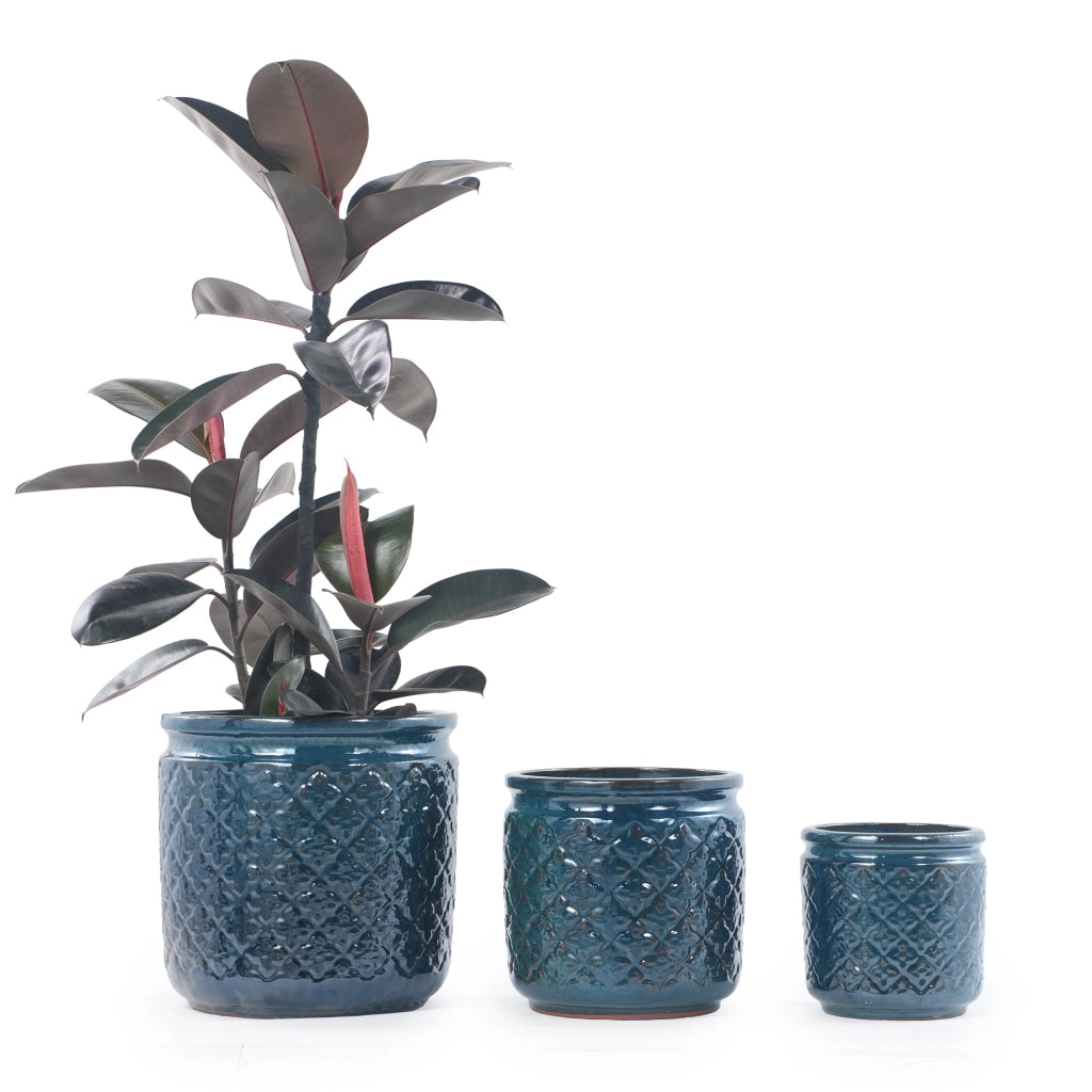 Set di 3 vasi in ceramica smaltata blu petrolio con rilievo diamantato, drenaggio e uso interno/esterno