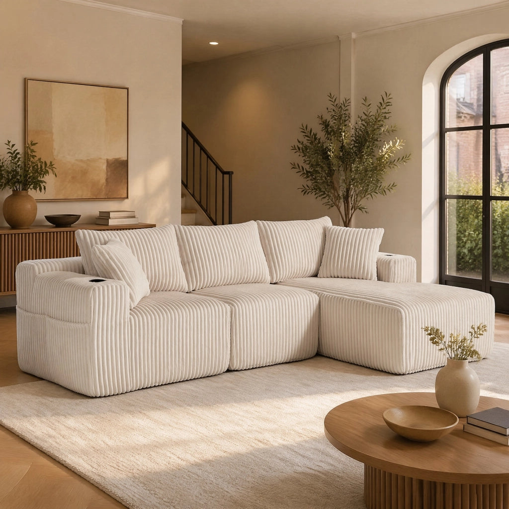 DIVANO modulare con chaise longue e 2 posti 257x160x62 cm Corduroy beige