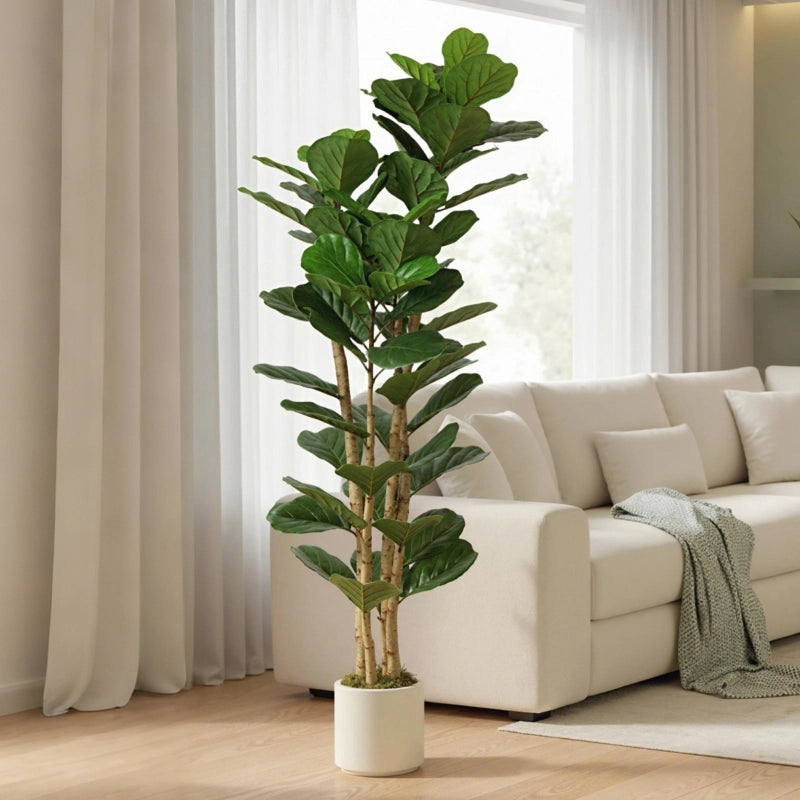 Ficus lyrata artificiale, pianta artificiale con 91 foglie, tronco in legno massello, vaso, 55 x 55 x 180 cm, verde