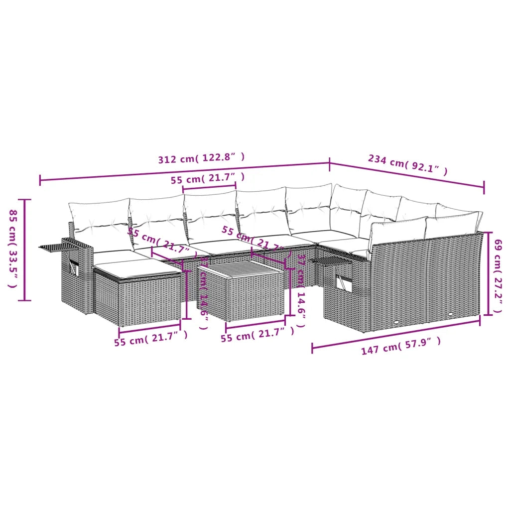 Set Divani da Giardino 11 pz con Cuscini in Polyrattan Nero 3224851