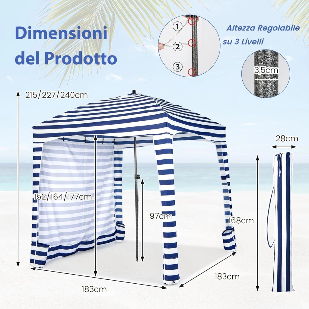 Tenda da Spiaggia Pieghevole 183 x 183 cm, Tenda da Mare con Borsa di Trasporto, Parete Removibile e 8 Tasche per Sabbia, per Spiaggia, Campeggio e Picnic (Blu e Bianco, 183 x 183 cm)