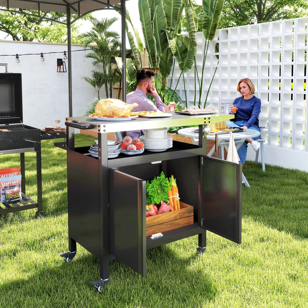 Carrello Barbecue con Armadietto e Tavolino ¨C zephmum ¨C Nero Acciaio Inox 116x50x93 cm