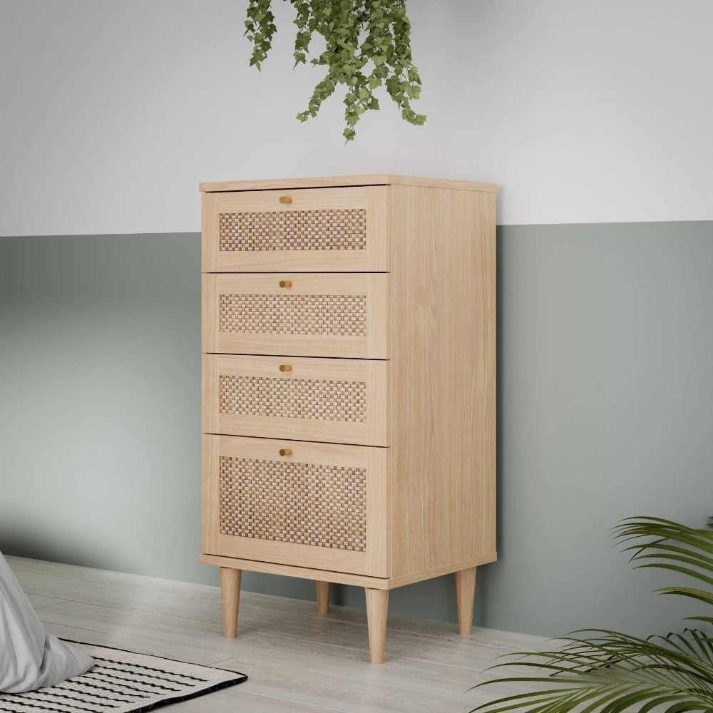Cassettiera Livia 4 cassetti in rovere con dettagli effetto Rattan 50.4x41.4x109H