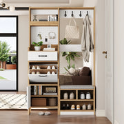 Mobile da ingresso con scarpiera, panca e vani aperti, 1 cassetto, in truciolato bianco e rovere 108.5 × 35 × 180 cm