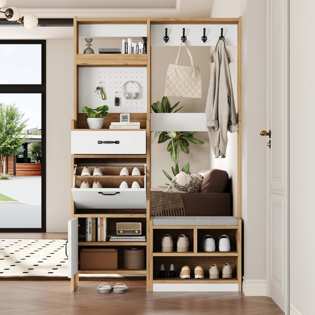 Mobile da ingresso con scarpiera, panca e vani aperti, 1 cassetto, in truciolato bianco e rovere 108.5 × 35 × 180 cm