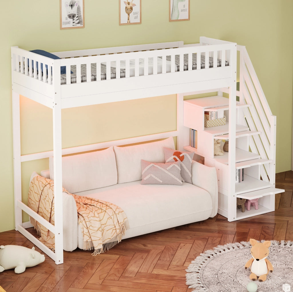 Letto a soppalco 90 x 200 cm con scala contenitore reversibile e LED; bianco