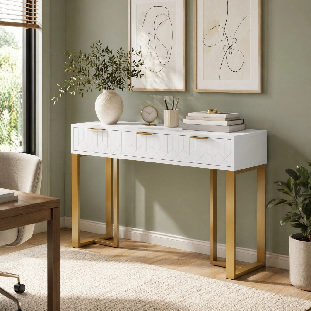 TAVOLO CONSOLLE con cassetti, bianco e oro, MDF