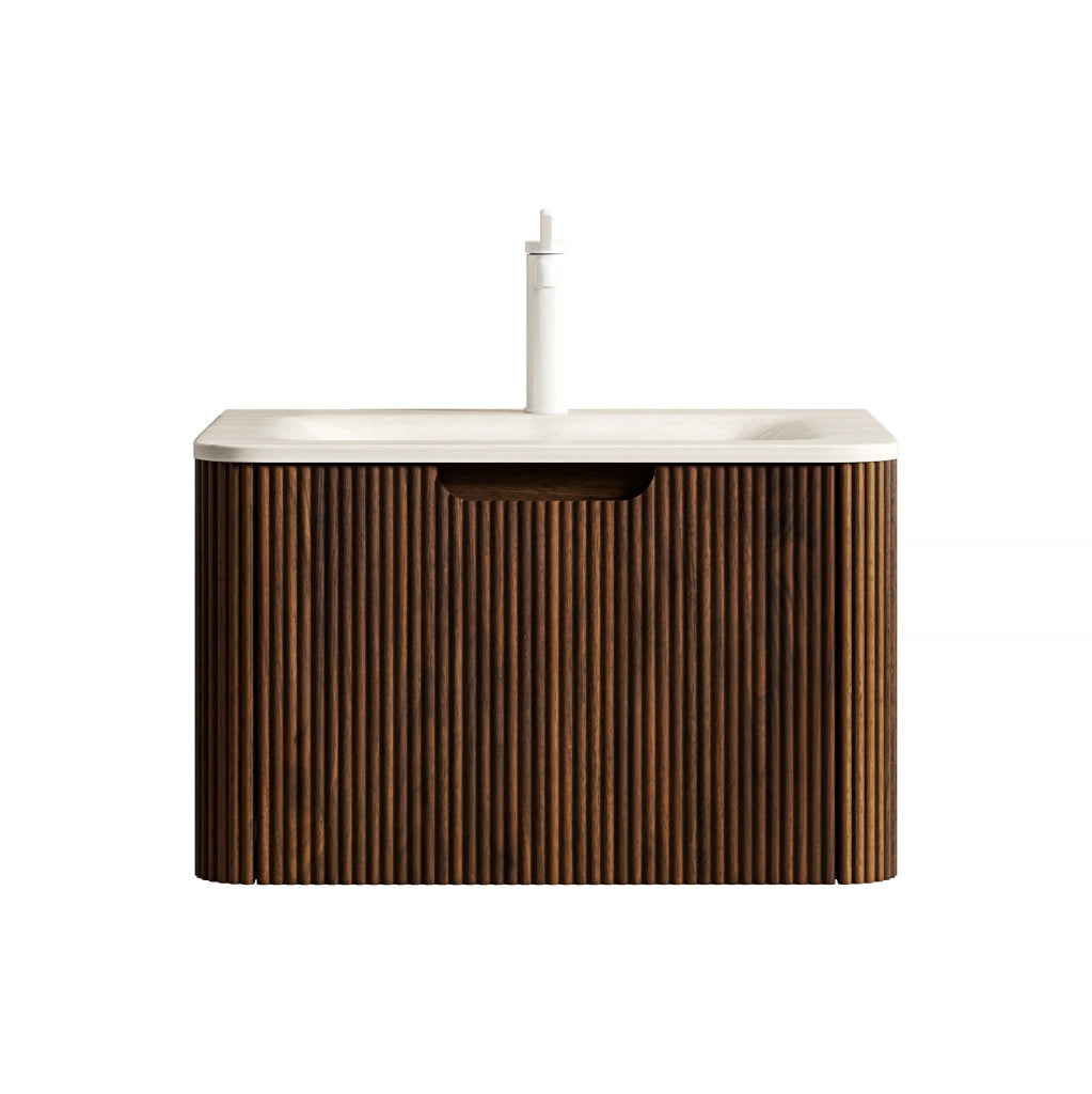 MOBILE BAGNO con lavabo integrato in pietra sinterizzata Beige e Noce