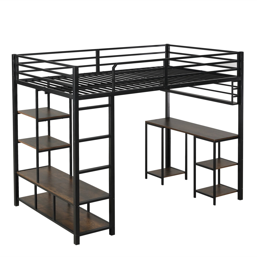OKWISH Letto a soppalco 120×200 cm, Letto Singolo con Scrivania Integrata, Mensola e Scala a 4 Gradini, senza Materasso, Metallo e Legno, Nero