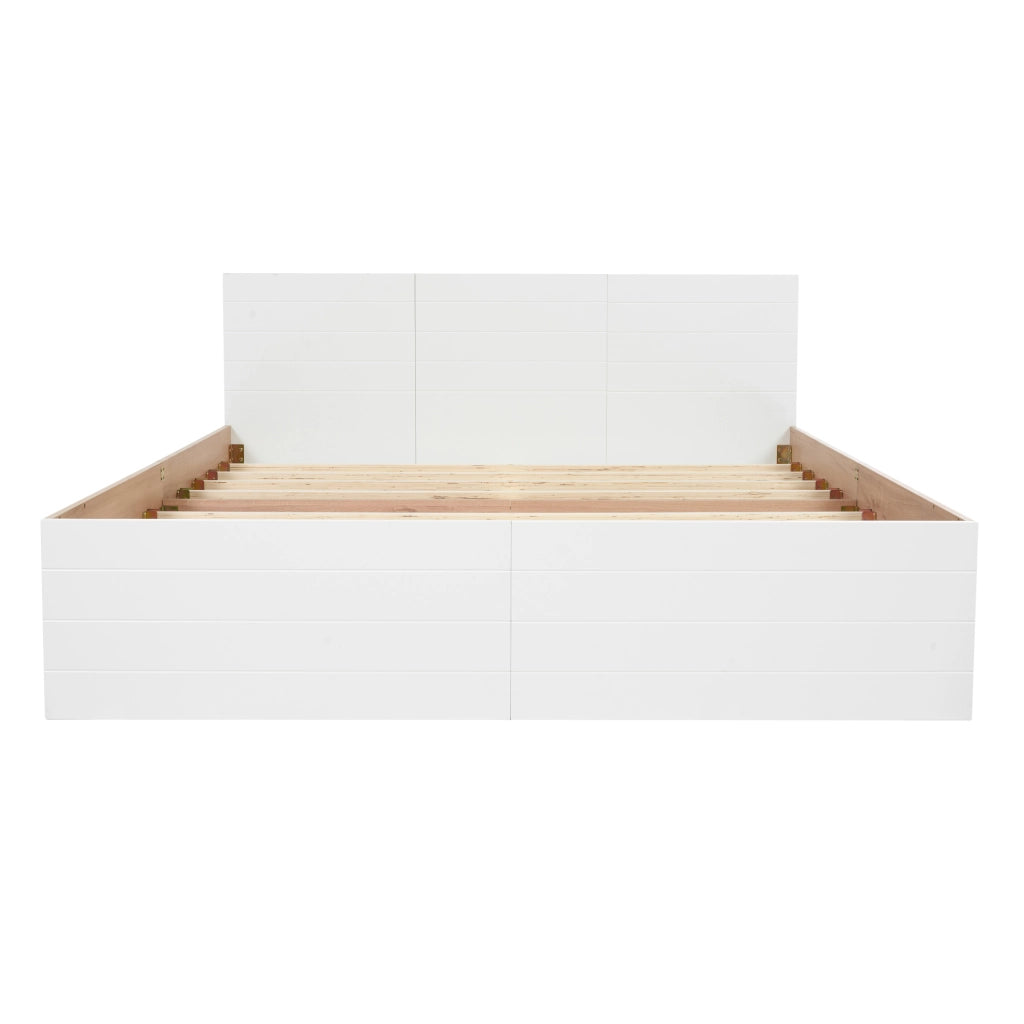 Letto matrimoniale 160x200 cm con 2 cassetti e rete a doghe; legno e MDF bianco e rovere chiaro