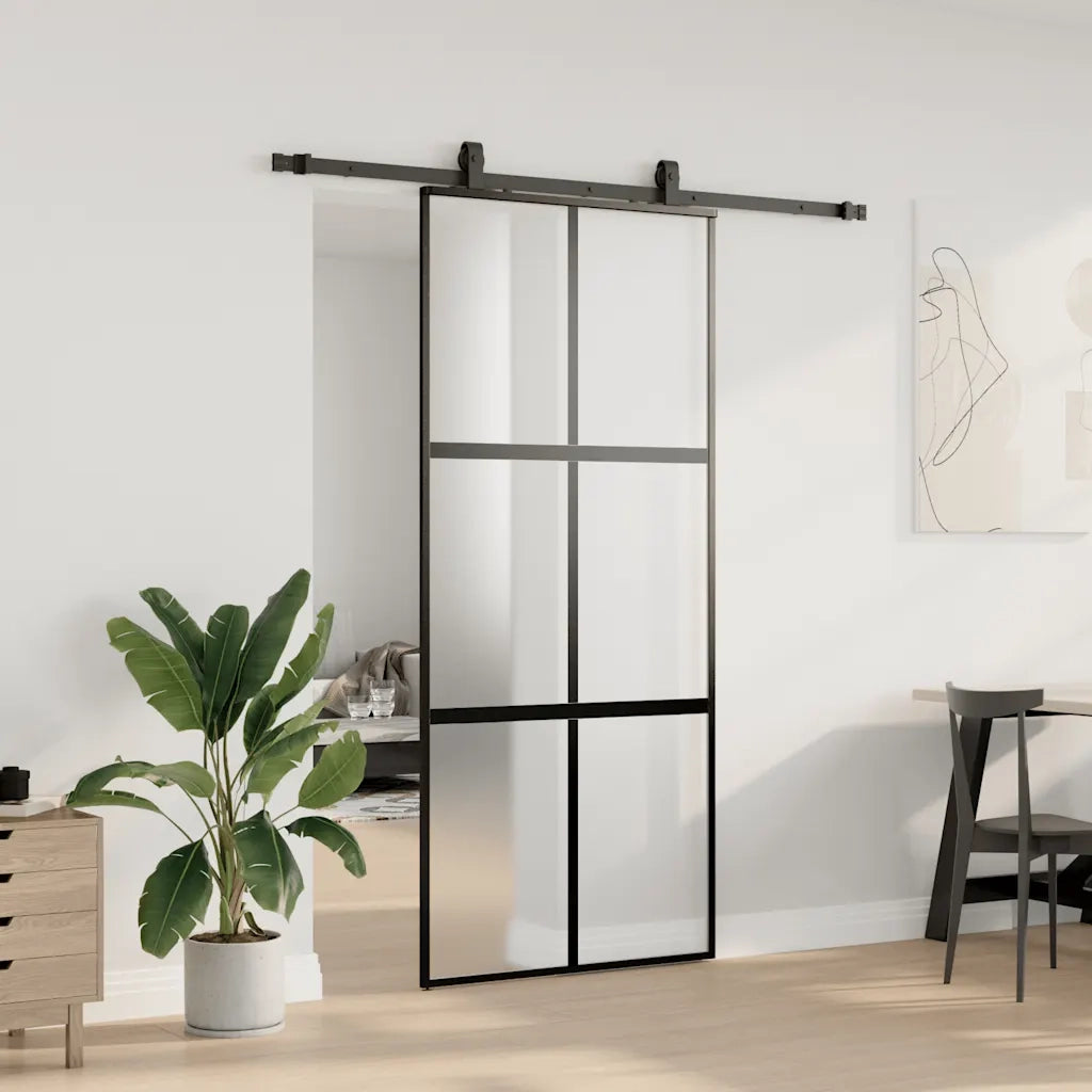 Porta Scorrevole Set Ferramenta Nera 90x205 cm Vetro Temperato 3375821