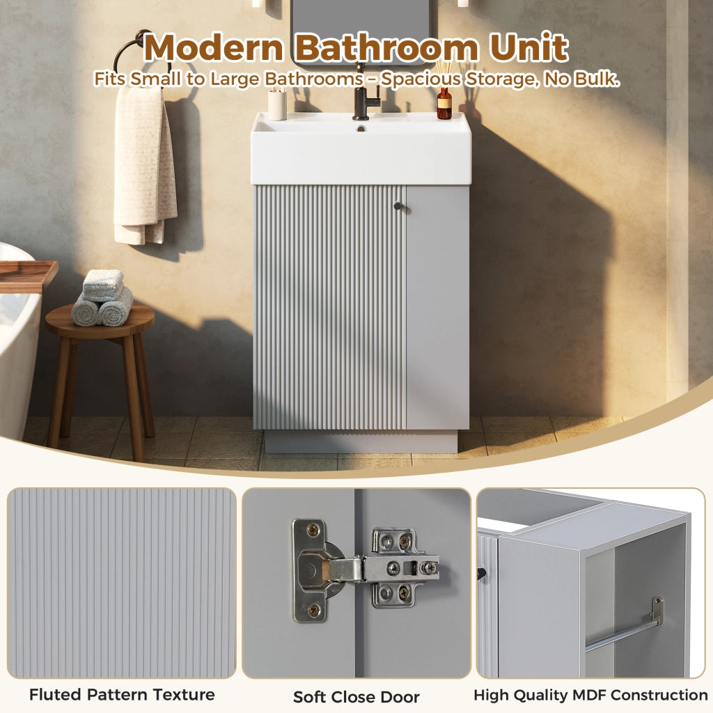Mobile sottolavabo con lavabo in ceramica anta a chiusura ammortizzata e portarotolo removibile grigio 55 × 32 × 87 cm