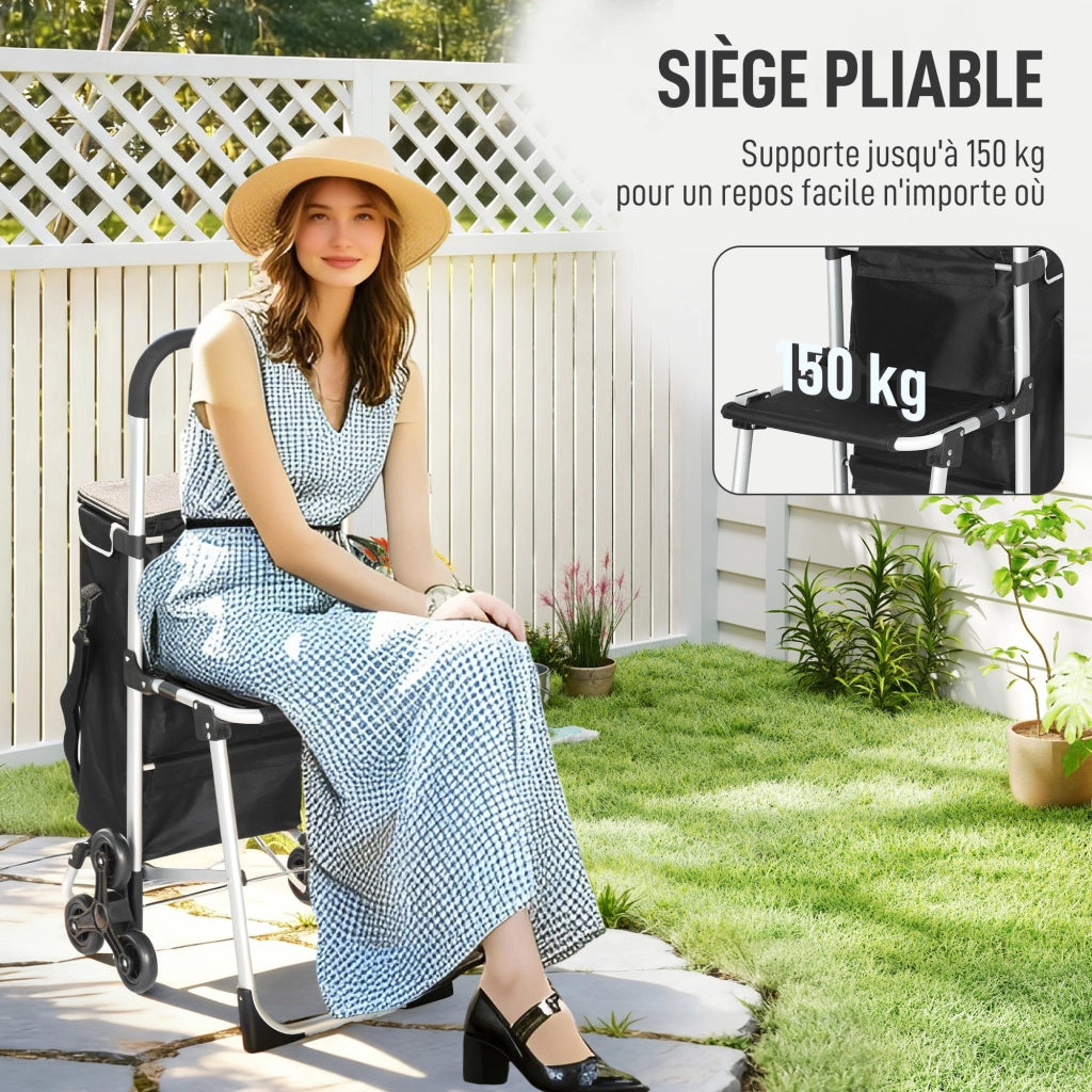 Carrello per la spesa pieghevole con sedia e sacchetto ¨C Zephmum ¨C Nero 46x59.5x97cm