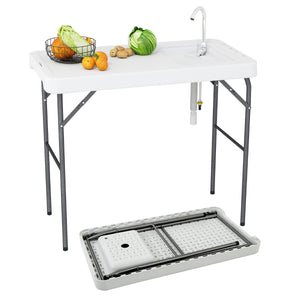 Tavolo per pulizia del pesce tavolo pieghevole portatile da 108 CM con lavello-Rubinetto girevole a 360¡ã e tubo di scarico Bianco