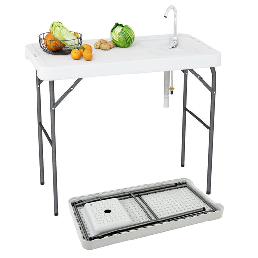 Tavolo per pulizia del pesce tavolo pieghevole portatile da 108 CM con lavello-Rubinetto girevole a 360¡ã e tubo di scarico Bianco