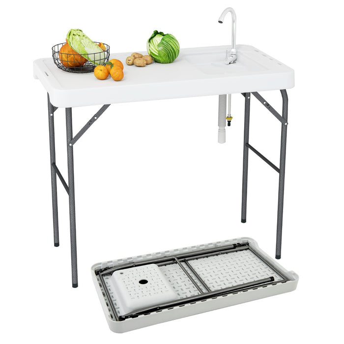 Tavolo per pulizia del pesce tavolo pieghevole portatile da 108 CM con lavello-Rubinetto girevole a 360¡ã e tubo di scarico Bianco