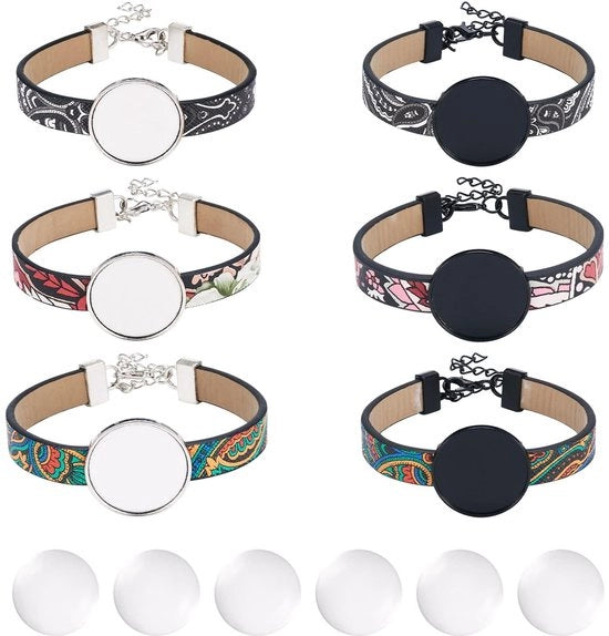 Kit per creare bracciali flessibili in pelle PU - 6 pezzi - Contenitore per anello 18mm - Cabochon in vetro - Accessori per gioielli DIY - Adatto per donne/uomini