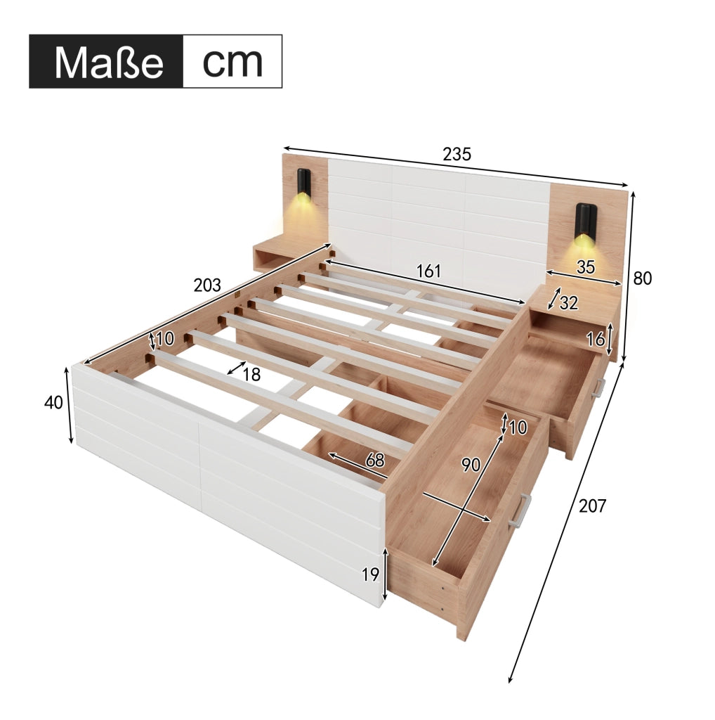 Letto matrimoniale 160x200 cm con lampada da lettura; USB; 2 cassetti; bianco e rovere chiaro; con materasso