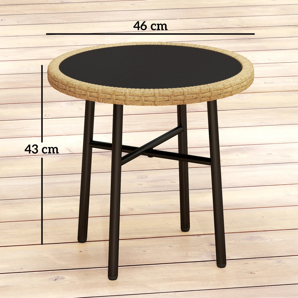 Tavolino da giardino rotondo ¨C Minimal ¨C resina intrecciata, piano in vetro temperato, 46x46x43cm, colore naturale