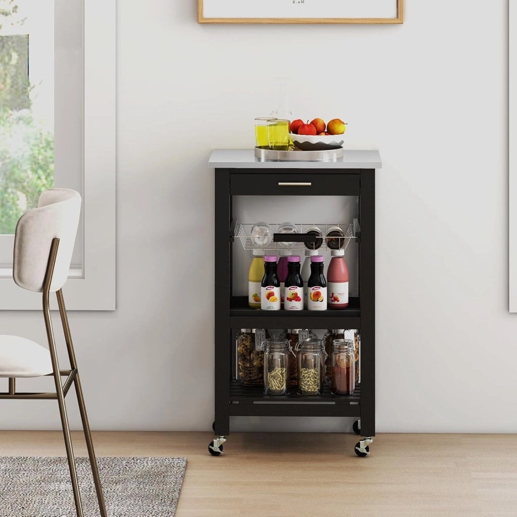 Carrello da Cucina a Rotelle con Mensole, Cassetto, Carrello di Servizio, Stile Moderno per Cucina e Soggiorno, 47x39x85 cm, Bianco/Nero (Nero)