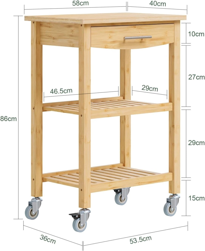 Carrello da Cucina in Bambù Carbonizzato – Carrello Cucina in Legno con Ruote, Antibatterico, Resistente all’Umidità, Inodore, Ideale per Cucina, Sala da Pranzo e Casa 58×40×86 cm FKW135-N