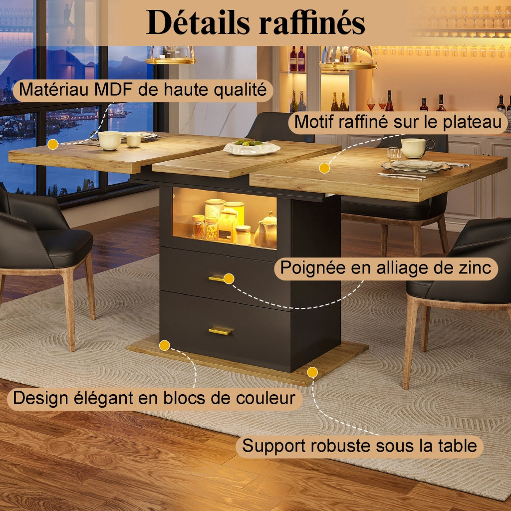 Tavolo allungabile con 2 cassetti e LED piano in MDF e metallo per cucina soggiorno e balcone nero effetto legno