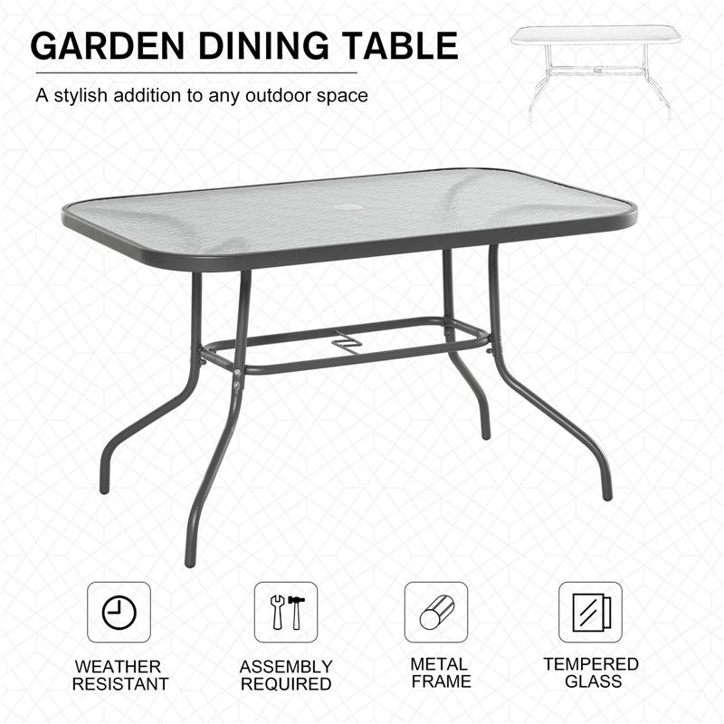TAVOLO DA GIARDINO IN METALLO E VETRO CON FORO OMBRELLONE 120 X 80 X 70 CM