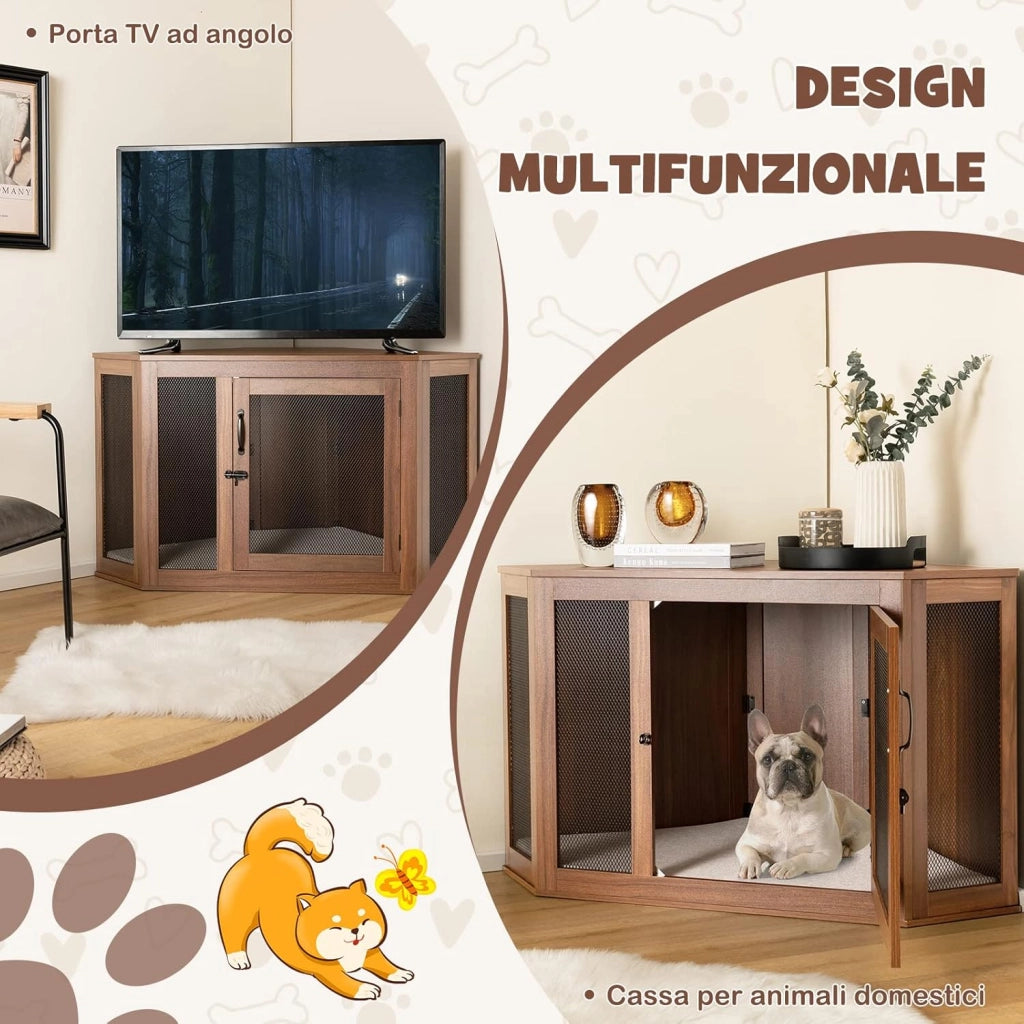 Gabbia per Cani ad Angolo, Casetta per Cani Angolare con Porta a Rete e Cuscino, Maniglia e Chiavistello, Mobile Kennel per Animali da Interno per Stanze e Appartamenti Piccoli