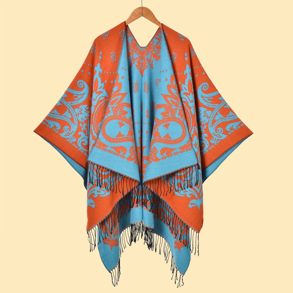 Sciarpa da donna Cashew con nappe e spacco, jacquard double face, spessa e calda.