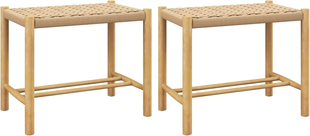 Set di 2 sgabelli da bar, da cucina, in legno e carta intrecciata, con poggiapiedi, per sala da pranzo, da cucina, in legno naturale (56 x 36 x 45 cm)