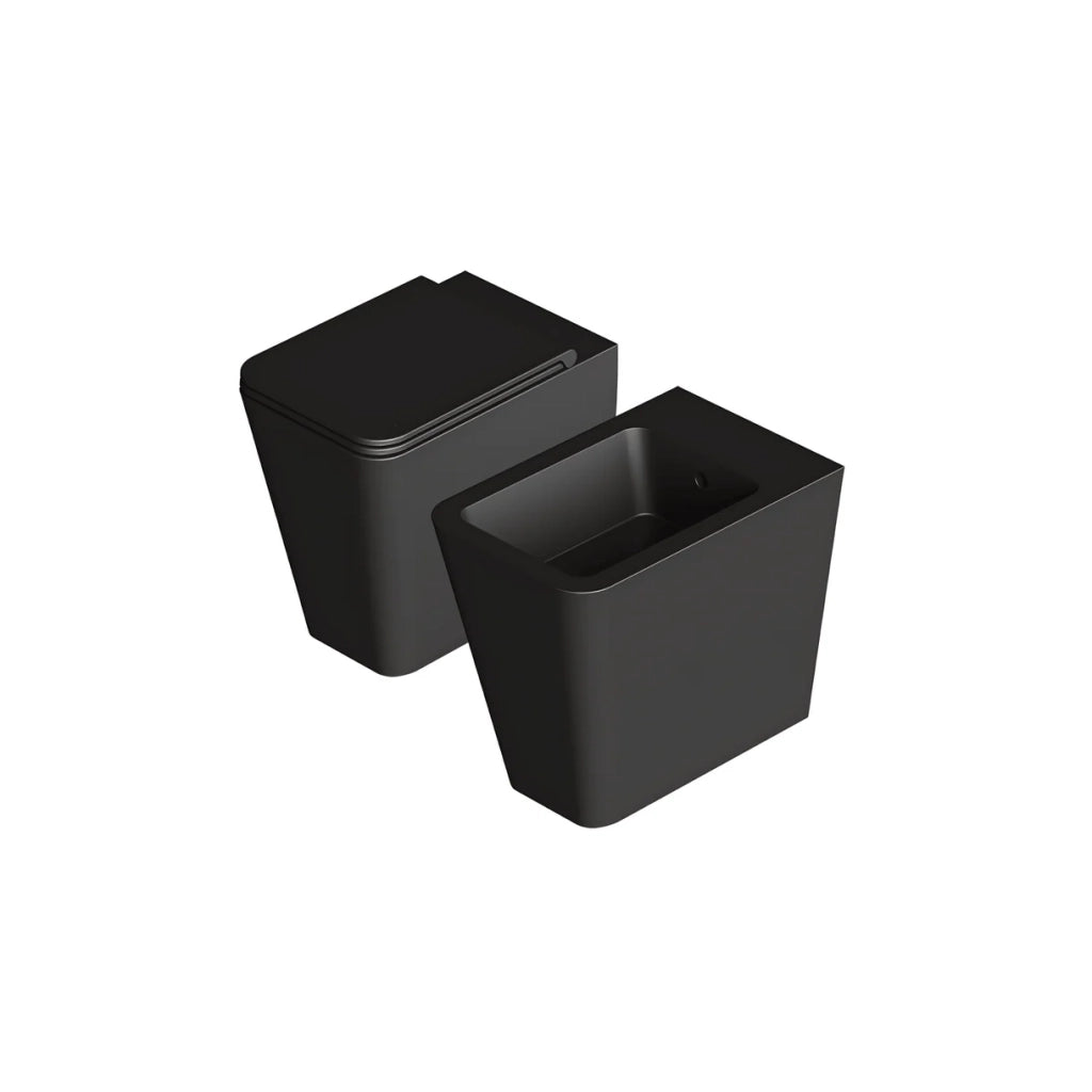 Coppia Di Sanitari Alice Ceramica Da Terra Filo Muro Senza Brida Nero Opaco "Hide Square"