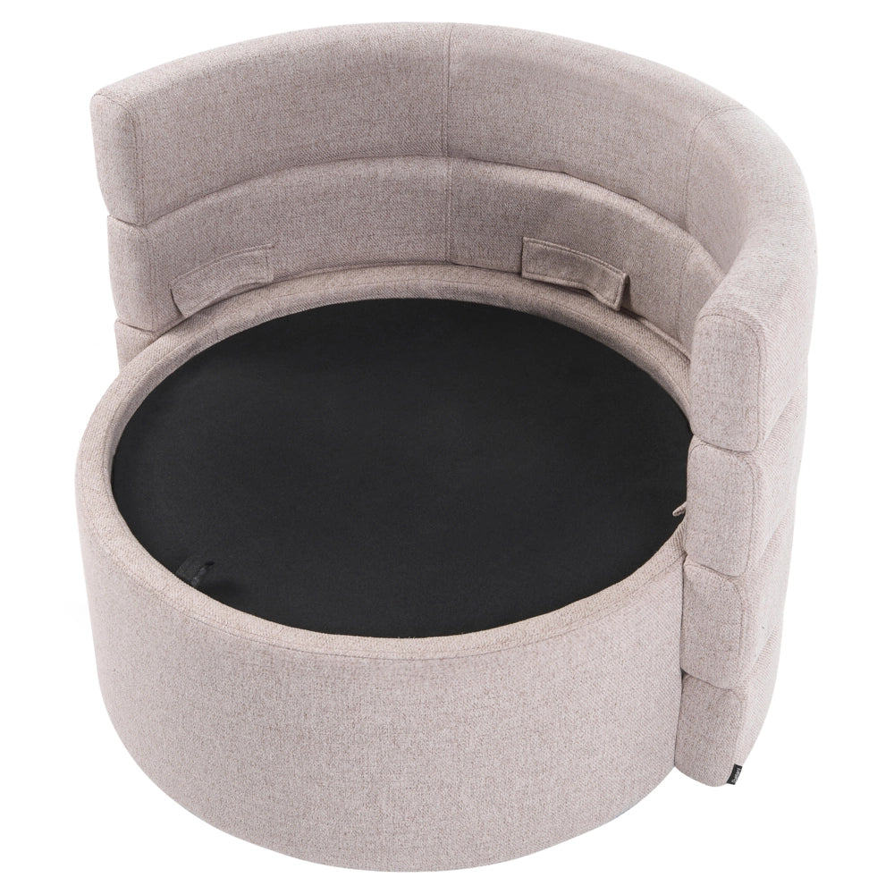 Poltrona in tessuto con schienale curvo base girevole a 360° con contenitore cuscini decorativi beige stile retrò angolo lettura