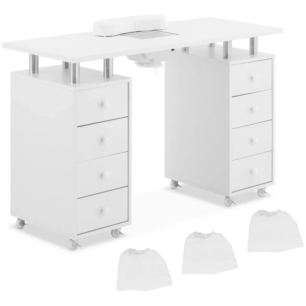 Tavolo manicure 119 x 45 x 77 cm 8 cassetti 8 ruote aspirapolvere MDF bianco 14_0009979