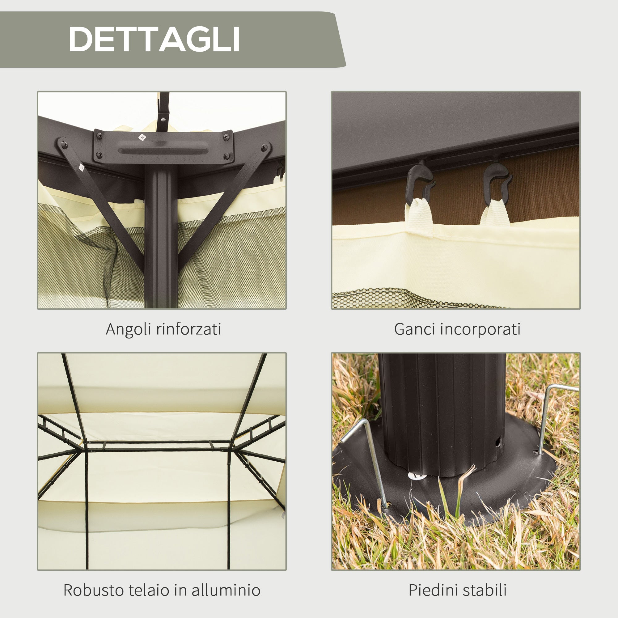 Gazebo da Giardino 4x3 m con Zanzariera e Tende Tetto Doppio e Rivestimento Anti-UV Crema