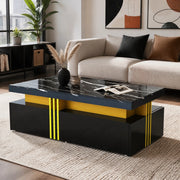 Tavolino da salotto moderno rettangolare 100x50x40 cm in truciolare nero; piano effetto marmo e 2 cassetti