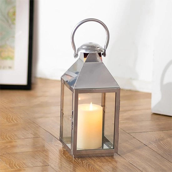 Lanterna Metallica per Esterno 28cm - Resistente al Tempo - Lampada da Terra - Grande Decorazione Esterna - Urna per Cimitero - Argentato - Lampada da Terra con Sospensione