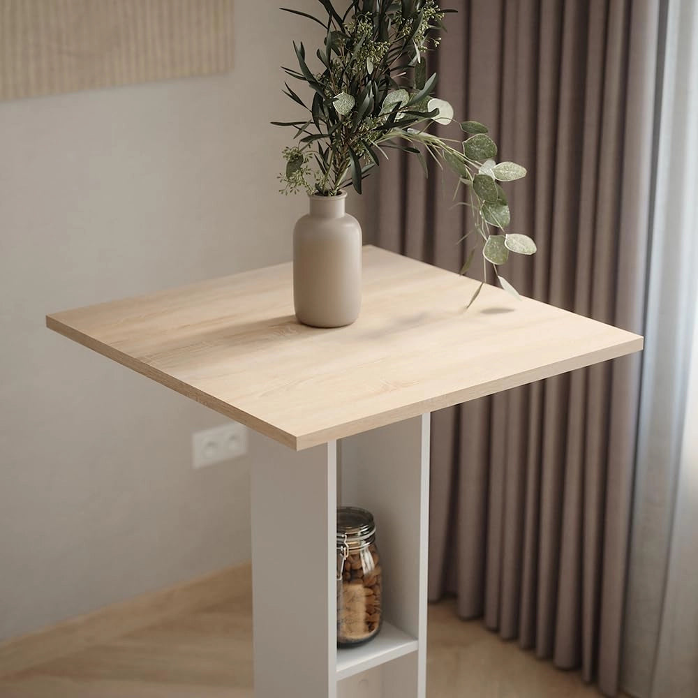 Tavolo da bar Repose, Bianco/Sonoma, 65 x 65 cm, con ripiano laterale per la conservazione di bottiglie e bicchieri