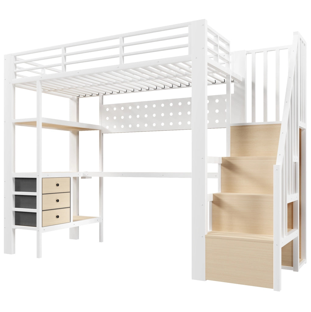 Letto a soppalco ULEVR 90x200 cm con scrivania, 3 cassetti, mensole, presa e LED dimmerabile, bianco