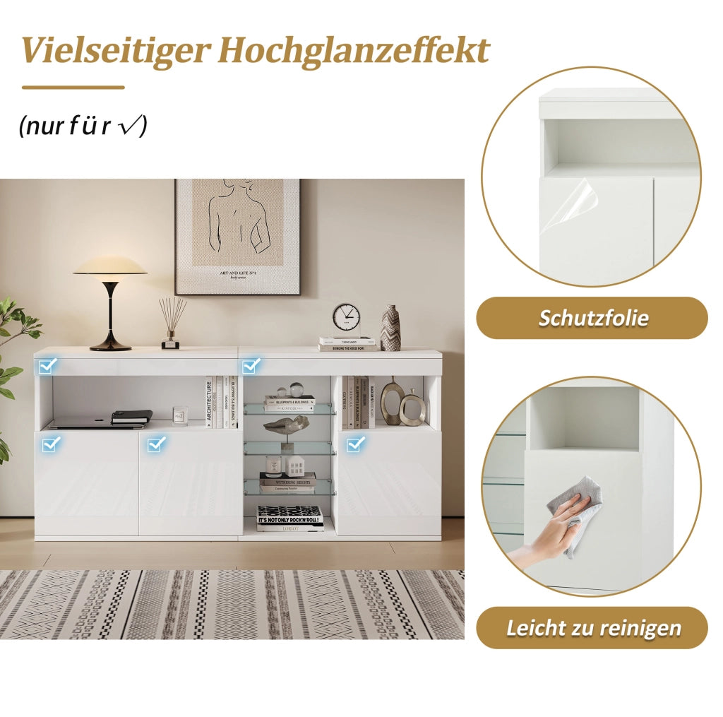Sideboard soggiorno bianco LED con app, 3 ante, 155,5 cm