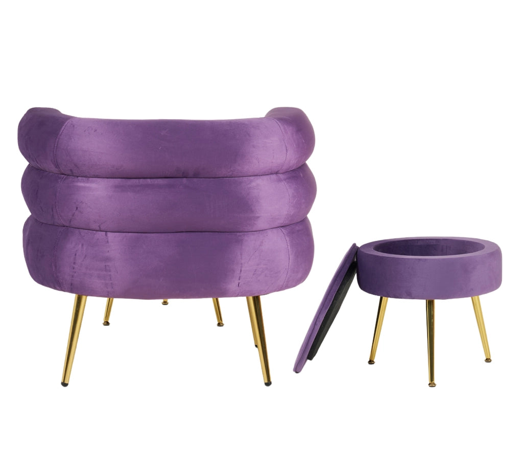Poltrona Camera da Letto e Salotto in Velluto con Poggiapiedi Contenitore - Poltroncina Relax Moderna con Gambe in Metallo Placcato Oro - Design Moderno, Seduta Morbida con Cuscino - Sedia in Velluto - Viola