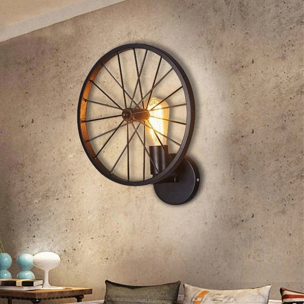 Trade Shop - Applique A Parete Stile Vintage Lampada Forma Di Ruota Bicicletta Nero E27 Aq62 -