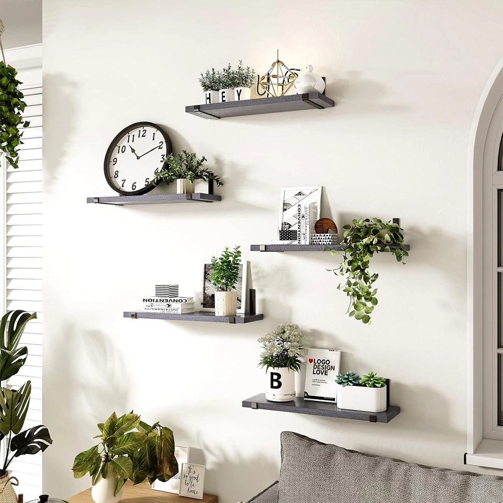 Set 5 Mensole da Parete Grigio Scaffali da Muro con Staffe in Metallo 40x12 cm